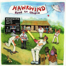 Charger l'image dans la galerie, CD cover art for Hawkwind's album 'Road To Utopia' featuring an illustration of band members playing cricket and other activities, with a cricket ball in the air and a village pub in the background.