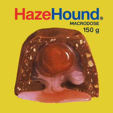 Haze Hound macrodose product on a yellow background