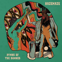 Cargar imagen en el visor de la galería, Cover art for Hazemaze album 'Hymns Of The Damned' featuring a cartoonish illustration with a person holding a knife and a bull's head, set against a background with colorful, psychedelic patterns.