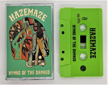 Cargar imagen en el visor de la galería, Cover art for Hazemaze album 'Hymns Of The Damned' featuring a cartoonish illustration with a person holding a knife and a bull's head, set against a background with colorful, psychedelic patterns.