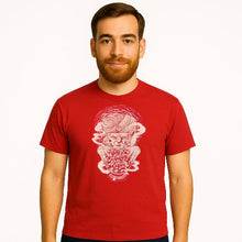Charger l'image dans la galerie, Man wearing a red t-shirt with a graphic design on a white background