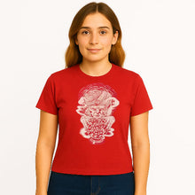 Charger l'image dans la galerie, Person wearing a red t-shirt with a graphic design on a white background