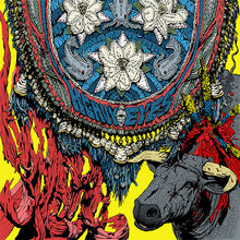 Load image into Gallery viewer, Colorful decorative design with floral patterns and a bull&#39;s head on a yellow background