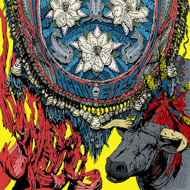 Colorful decorative design with floral patterns and a bull's head on a yellow background