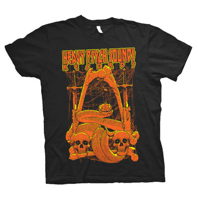 Black t-shirt with orange graphic design and 'Heavy Psych Sounds' text on a white background