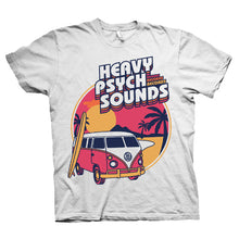 Cargar imagen en el visor de la galería, White shirt with a summer beach design with the words Heavy Psych Sounds on with a white background