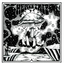 Cargar imagen en el visor de la galería, Black and white illustration of a mushroom with hands holding it, set against a starry night sky.