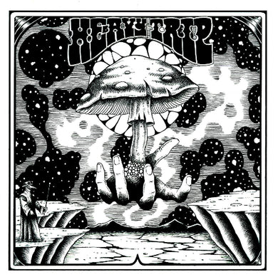 Black and white illustration of a mushroom with hands holding it, set against a starry night sky.
