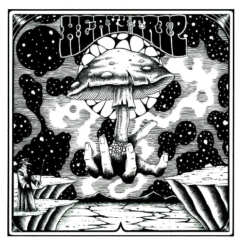 Black and white illustration of a mushroom with hands holding it, set against a starry night sky.