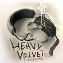 Cargar imagen en el visor de la galería, Headphones with 'Heavy Velvet Sessions' text on a light background