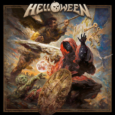 Album cover for Helloween featuring a dramatic scene with an angel and a person in red robes.