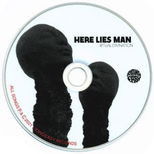 Charger l'image dans la galerie, CD cover with a silhouette of a person in a balaclava and the text 'Here Lies Man Ritual Divination' on a white background.