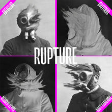 Load image into Gallery viewer, Collage of four black and white images depicting members of the band Hifiklub wearing gas masks, with the album title 'Rupture' prominently displayed.
