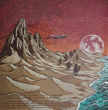 Load image into Gallery viewer, Artistic depiction of a mountainous landscape with people and a large moon.