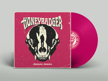 Load image into Gallery viewer, Vinyl record with pink cover featuring a skull design and 'Honeybadger' text on a gray background.