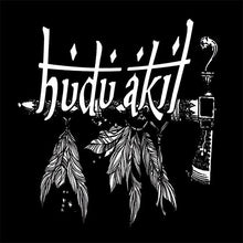 Load image into Gallery viewer, Black and white graphic with 'hédiáké' text and feather design on a black background