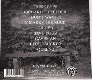Hey Zeus - X back album cover with text and a bench against a leafy background