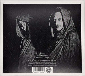 Bible Black Tyrant - Encased In Iron back album cover with black and white image of two hooded figures with text and a barcode on a dark background
