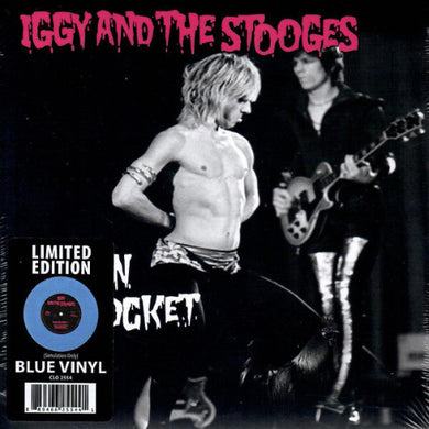 Album cover for 'Iggy and the Stooges' with a black and white photo of a band member and text about limited edition blue vinyl.