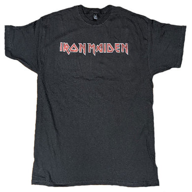 Black t-shirt with Iron Maiden logo on a white background