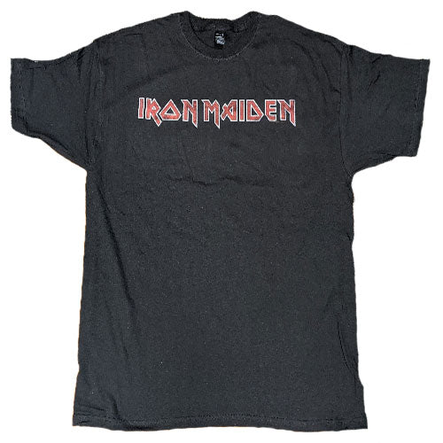 Black t-shirt with Iron Maiden logo on a white background