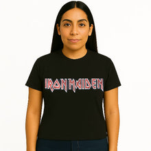 Cargar imagen en el visor de la galería, Person wearing a black t-shirt with Iron Maiden logo