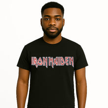 Cargar imagen en el visor de la galería, Person wearing a black t-shirt with Iron Maiden logo on a white background