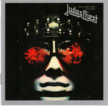 Cargar imagen en el visor de la galería, This image features the CD cover for "Hell Bent for Leather" by Judas Priest. The artwork is striking, showcasing a dark, moody portrait of a man with a leather crown, highlighted by vivid red splashes that suggest a bloodstained appearance.