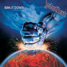 Charger l&#39;image dans la galerie, Judas Priest album cover for &#39;Ram It Down&#39; featuring a stylized fist and globe with a fiery background.