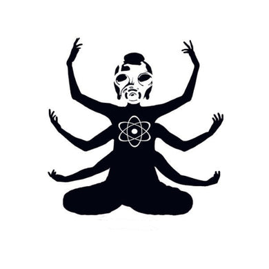 Black silhouette of a figure with multiple arms and a central atom symbol on a white background