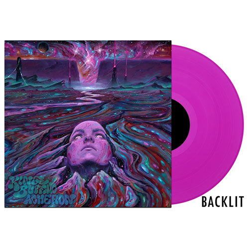Vinyl record with a colorful cover featuring a face and space-themed design, alongside a bright pink record.