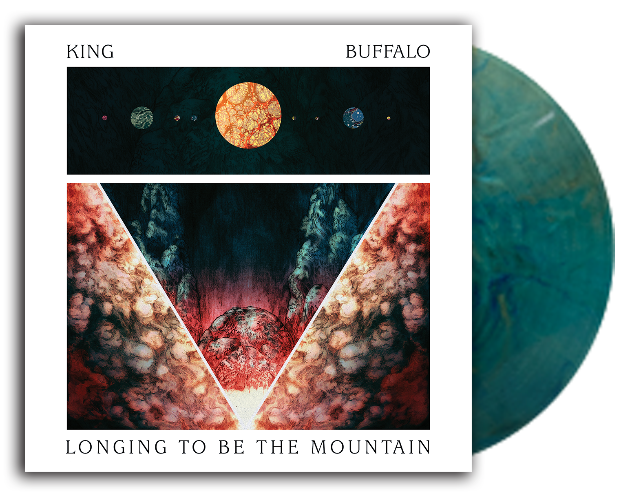 Album cover art for King Buffalo's 'Longing To Be The Mountain' featuring a cosmic and natural landscape design with celestial bodies and fiery elements.
