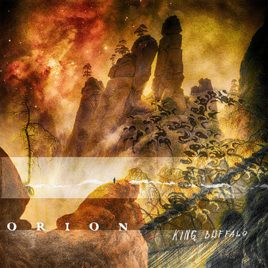Album cover art for King Buffalo's Orion vinyl record featuring a stylized illustration with rock formations, trees, and a celestial motif.