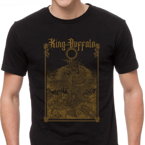 A black t-shirt featuring a gold and black illustration of a phoenix and the text 'King Buffalo'.
