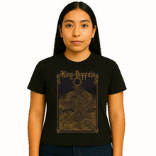 Load image into Gallery viewer, Person wearing a black t-shirt with &#39;King Buffalo&#39; graphic design on a white background