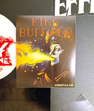 Load image into Gallery viewer, Card with 'King Buffalo' design featuring a face blowing fire, on a dark background.