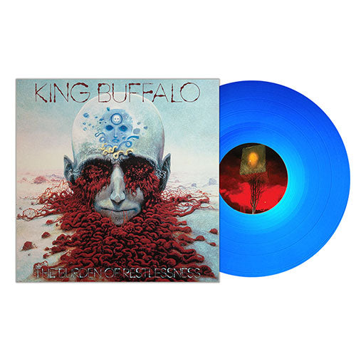 King Buffalo - The Burdon Of Restlessness vinyl record with blue disc and album cover featuring a stylized face.