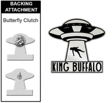 Charger l'image dans la galerie, UFO design with 'King Buffalo' text on a white background, featuring a butterfly clutch attachment.