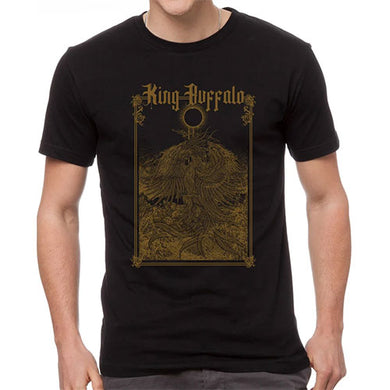 Black t-shirt with gold graphic design and 'King Buffalo' text on a white background