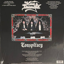 Cargar imagen en el visor de la galería, King Diamond - Conspiracy back album cover showing band members sitting behind a coffin on a black background