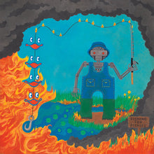 Load image into Gallery viewer, Illustration of a robot fishing in a fiery landscape with flames and water.