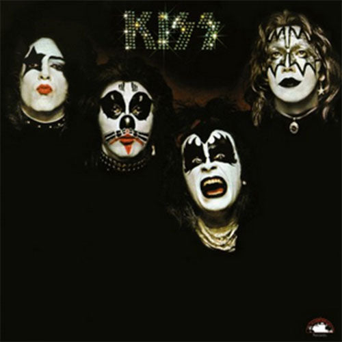 Four band members with makeup and 'KISS' logo on a black background