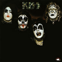 Load image into Gallery viewer, Four band members with makeup and 'KISS' logo on a black background