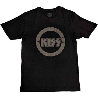 Black t-shirt with KISS logo on a white background