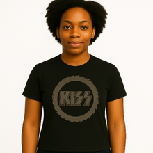 Cargar imagen en el visor de la galería, Person wearing a black t-shirt with a Kiss logo on a white background
