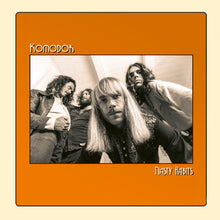 Charger l'image dans la galerie, Album cover for 'Nasty Habits' by Komodon with a black and white photo of band members on an orange border.