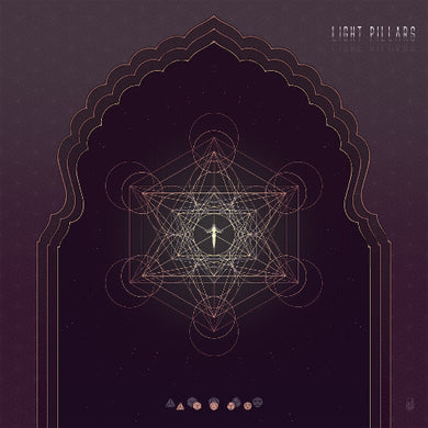 Geometric design with light pillars on a dark background