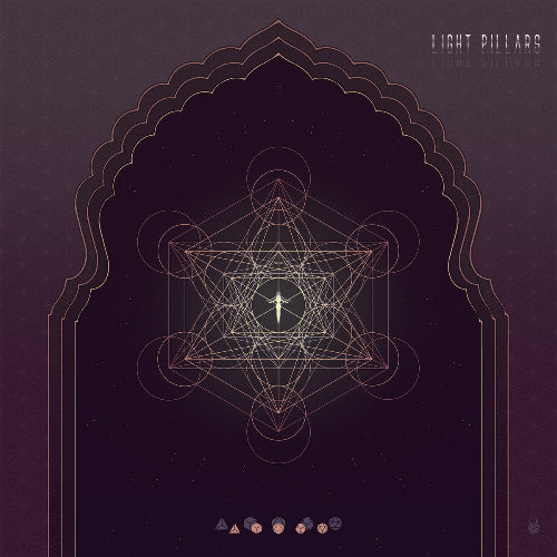 Geometric design with light pillars on a dark background