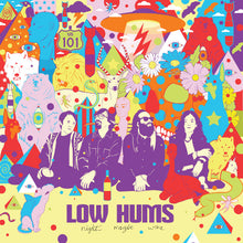 Cargar imagen en el visor de la galería, Colorful album cover with stylized illustrations of people and animals, featuring the text 'Low Hums' and 'night magic wine'.