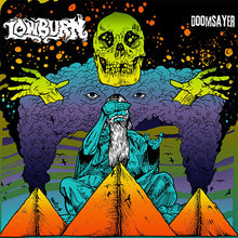 Charger l'image dans la galerie, CD cover art for Lowburn - Doomslayer featuring a stylized illustration with a skull, eyes, and pyramids against a colorful, psychedelic background.